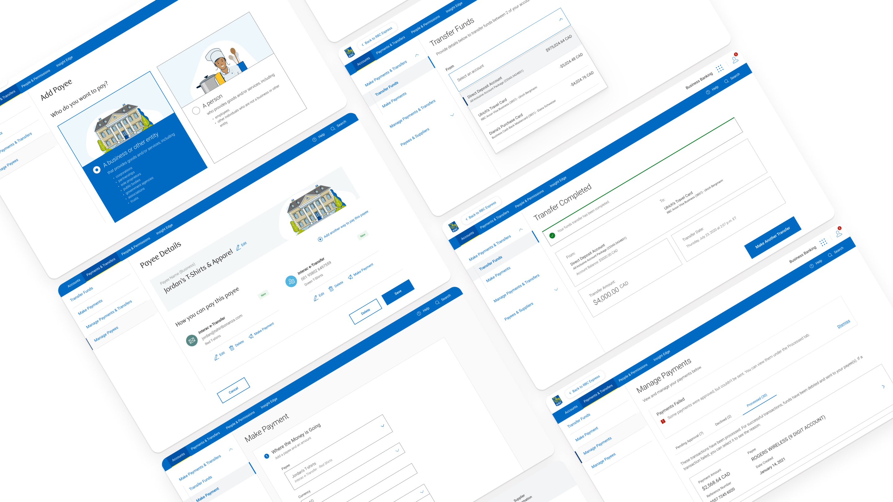 Mockups of RBC Business Banking Payments screens